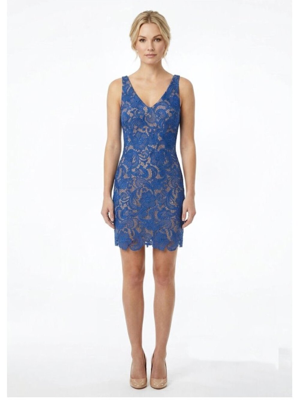 Dress The Population Floral Guipure Lace Sheath Dress, Royal Blue, Womens Size M